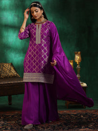 Magenta Woven Design Silk Blend Straight Suit with Dupatta