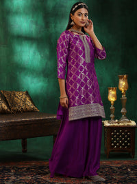 Magenta Woven Design Silk Blend Straight Suit with Dupatta