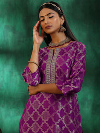 Magenta Woven Design Silk Blend Straight Suit with Dupatta