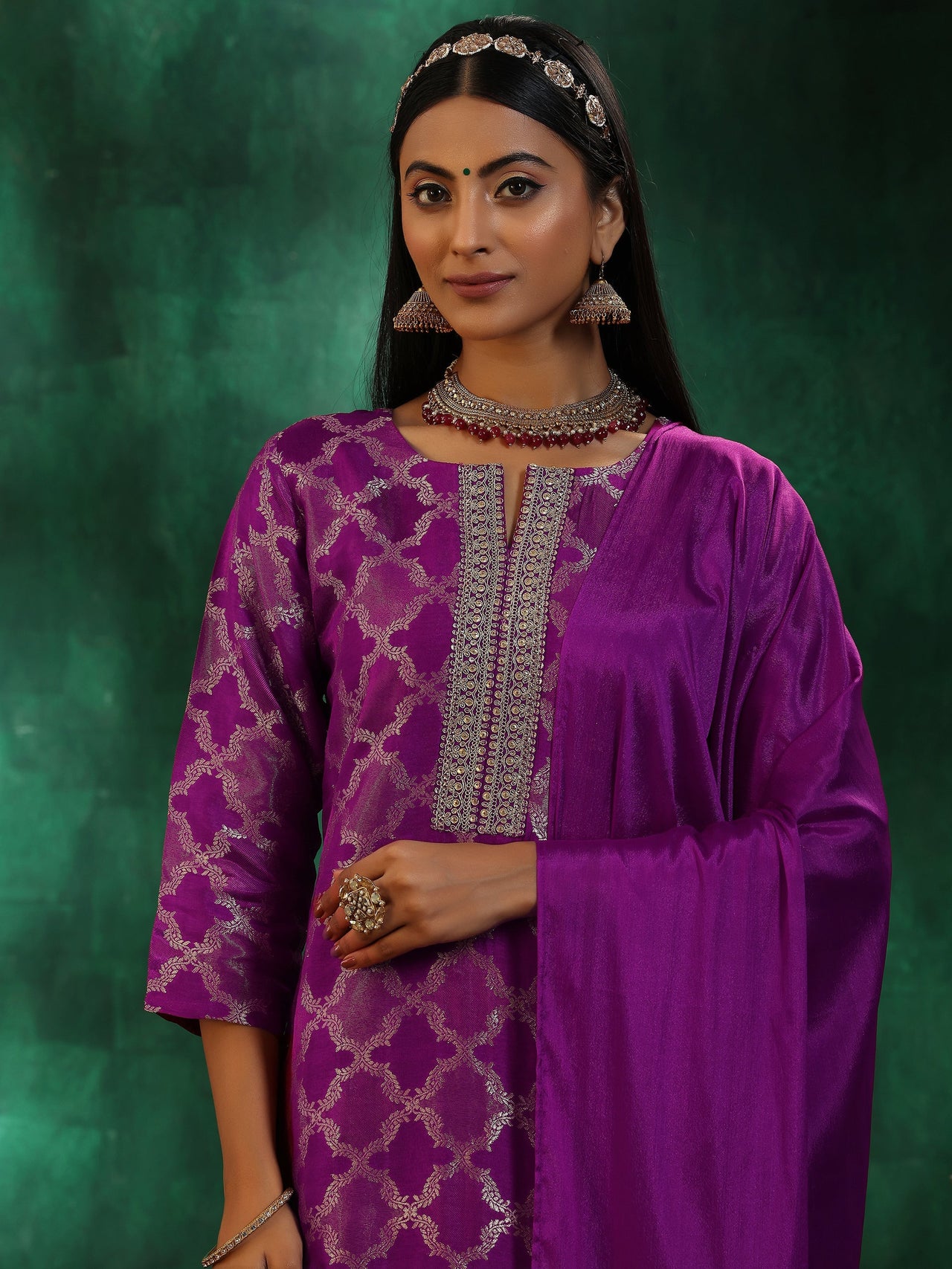 Magenta Woven Design Silk Blend Straight Suit with Dupatta