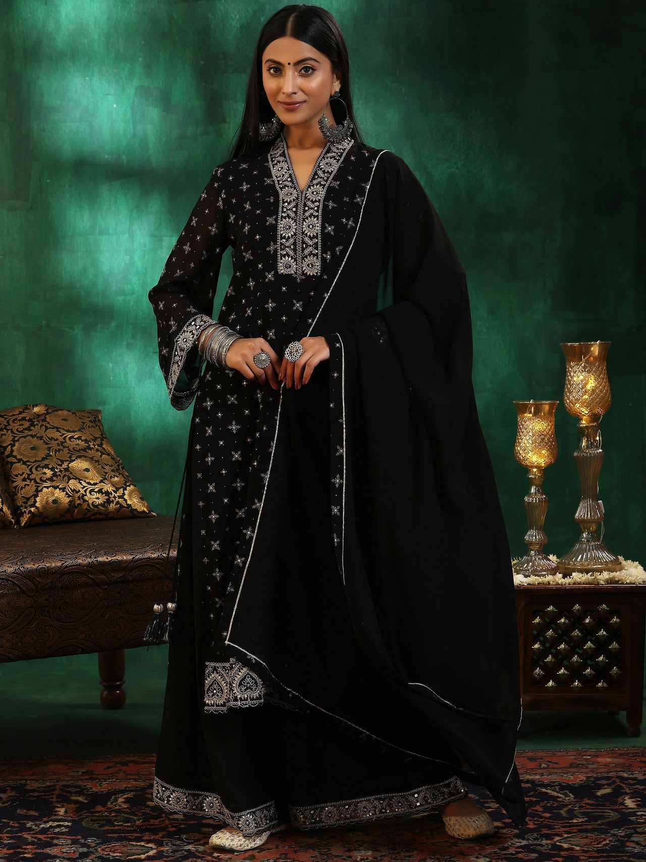 Black Printed Georgette Straight Suit with Dupatta