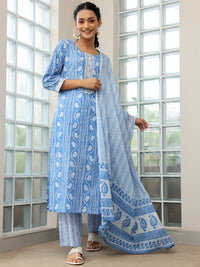 Blue Printed Cotton Straight Suit with Dupatta