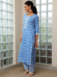 Blue Printed Cotton Straight Suit with Dupatta