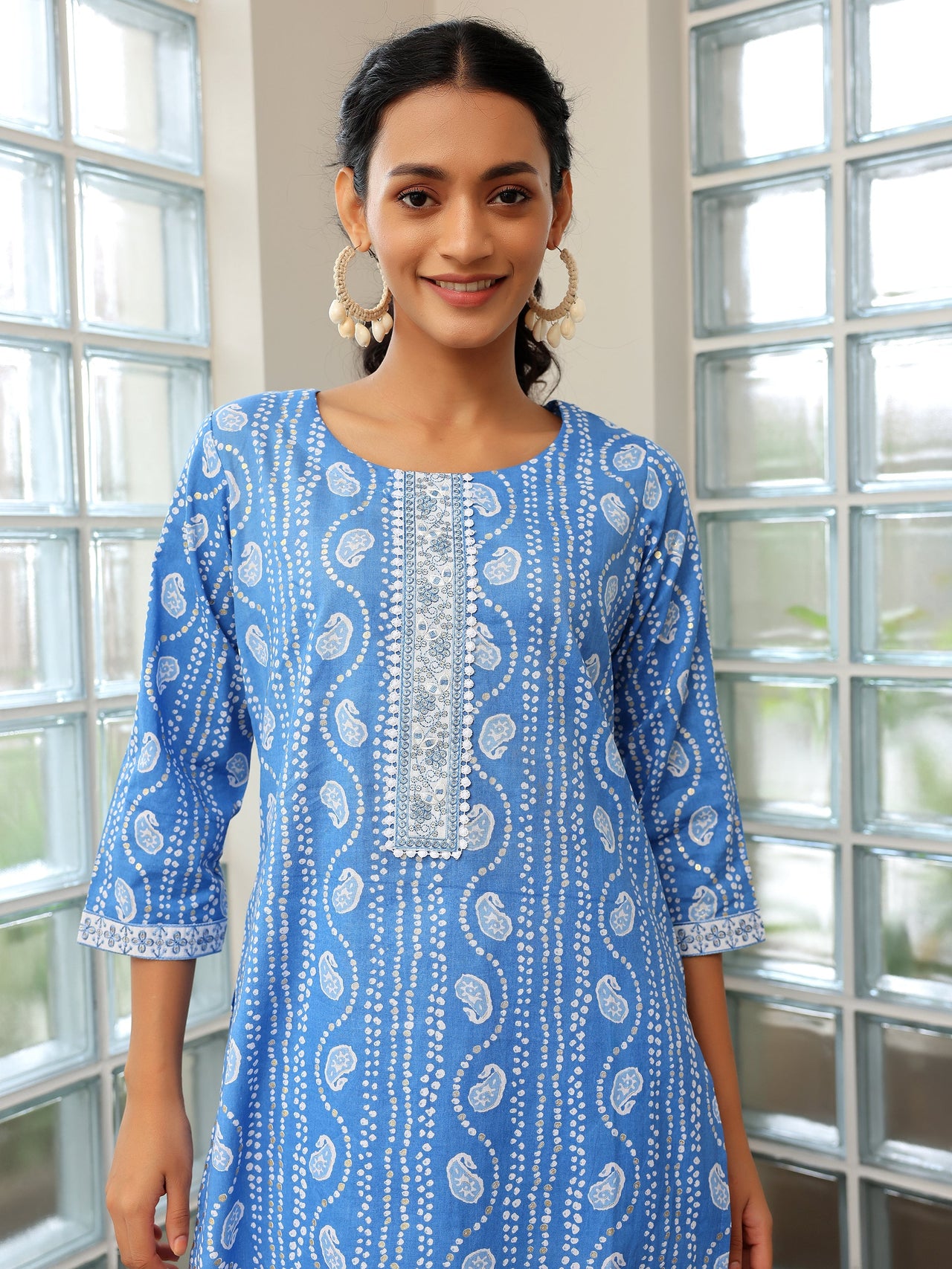 Blue Printed Cotton Straight Suit with Dupatta