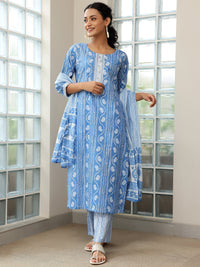 Blue Printed Cotton Straight Suit with Dupatta