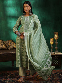 Green Printed Cotton Straight Suit with Dupatta