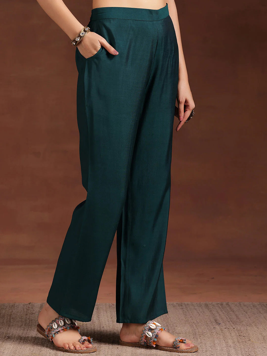 Teal Printed Silk Blend Straight Suit with Dupatta