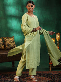 Green Embroidered Silk Blend Straight Suit with Dupatta