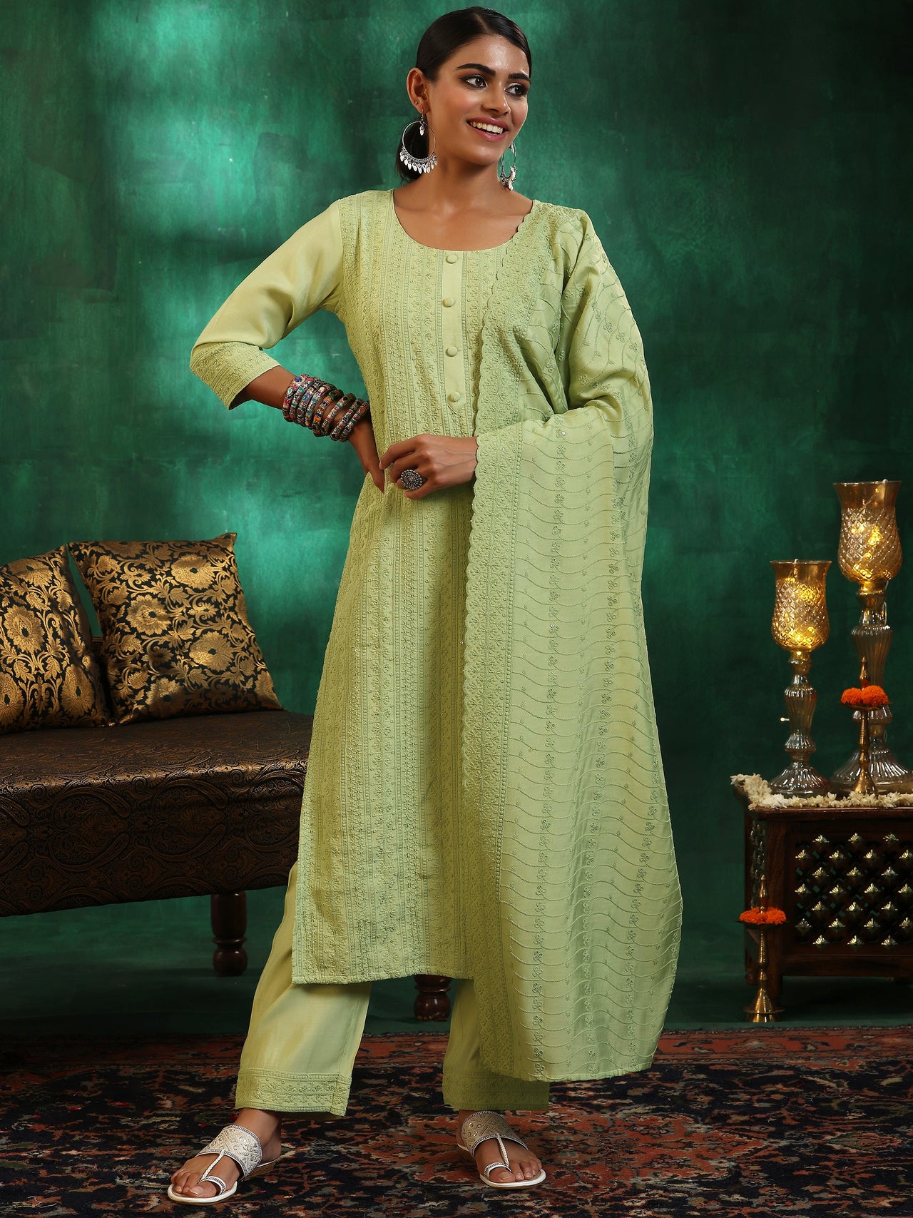 Green Embroidered Silk Blend Straight Suit with Dupatta
