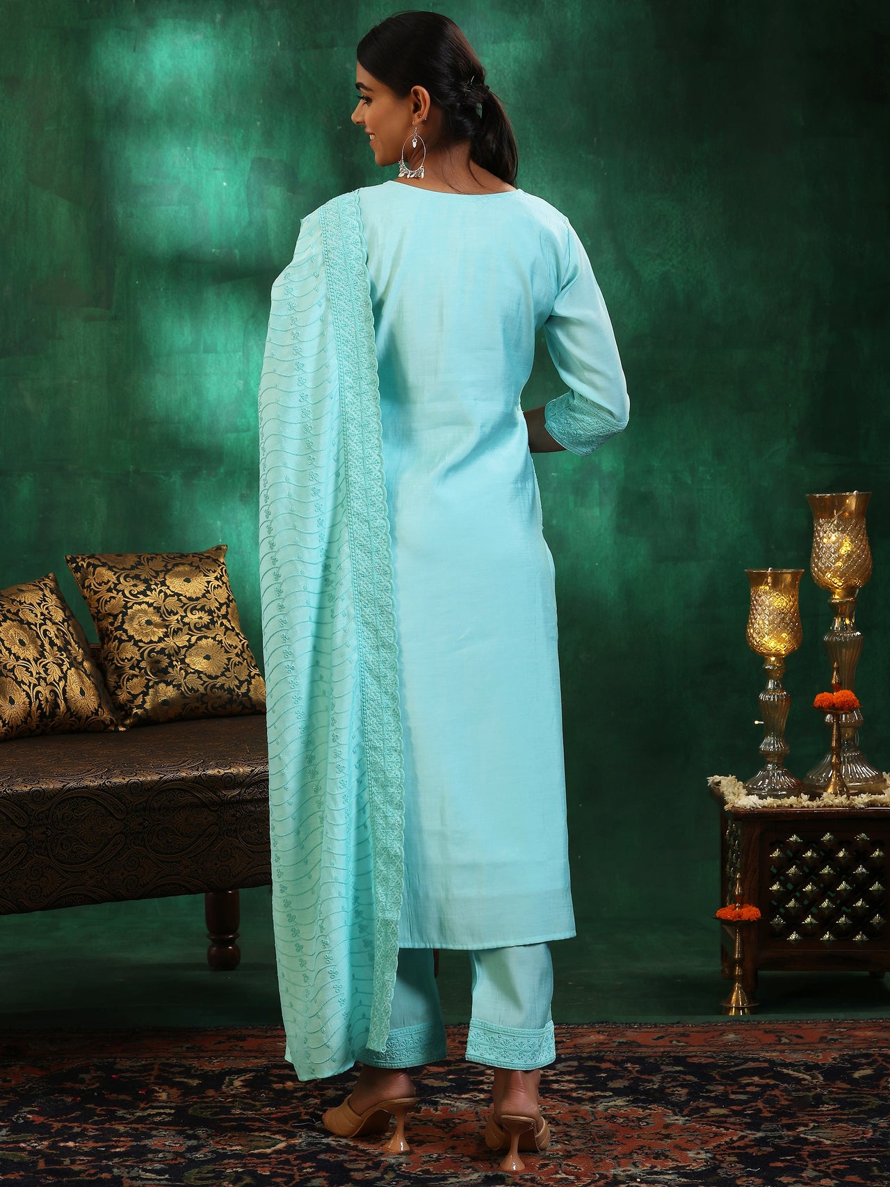 Blue Embroidered Silk Blend Straight Suit with Dupatta