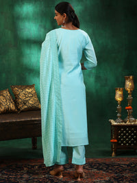 Blue Embroidered Silk Blend Straight Suit with Dupatta