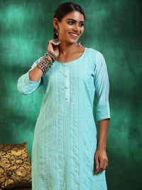 Blue Embroidered Silk Blend Straight Suit with Dupatta