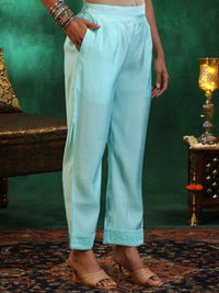 Blue Embroidered Silk Blend Straight Suit with Dupatta