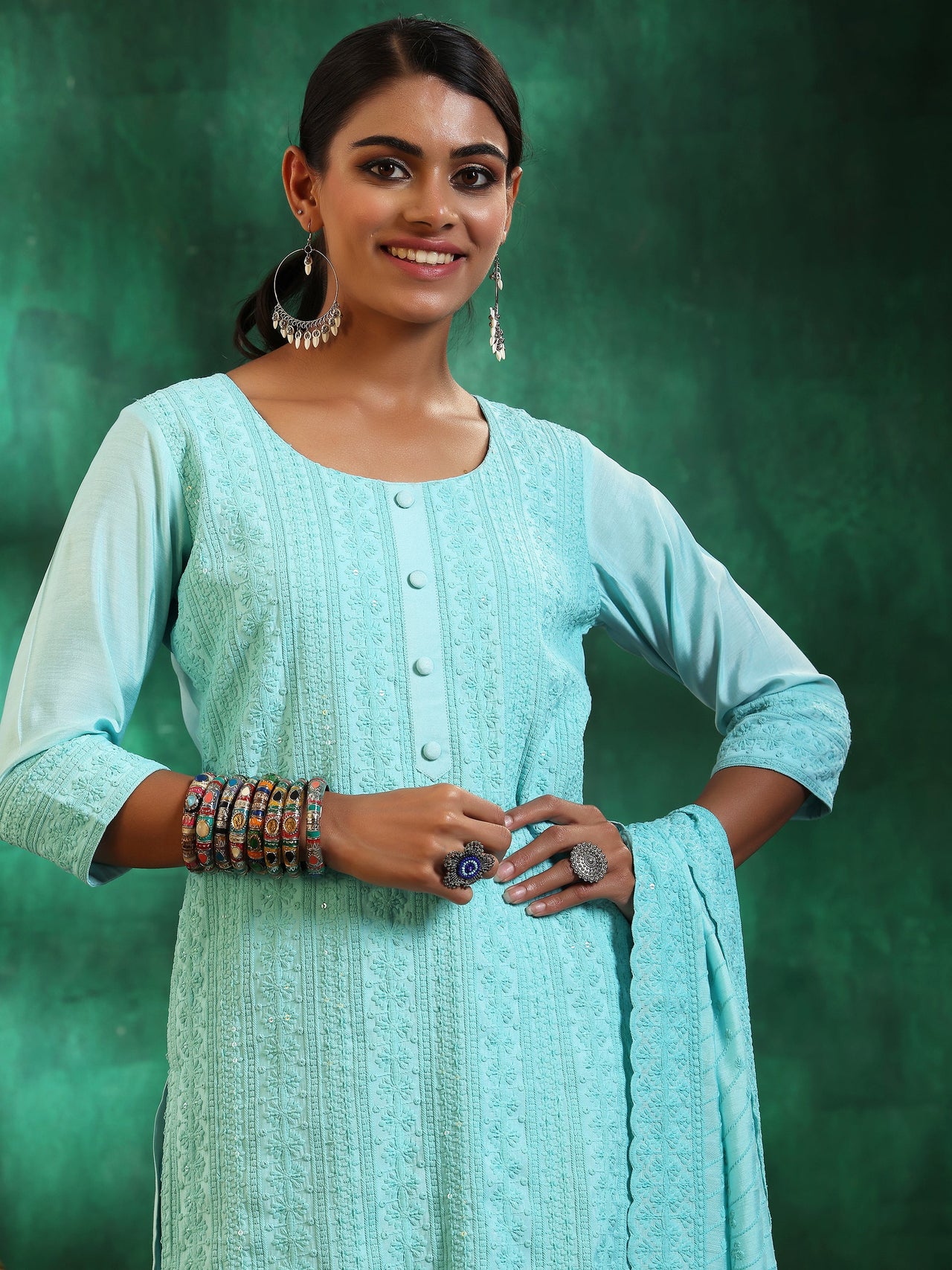 Blue Embroidered Silk Blend Straight Suit with Dupatta