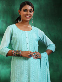 Blue Embroidered Silk Blend Straight Suit with Dupatta