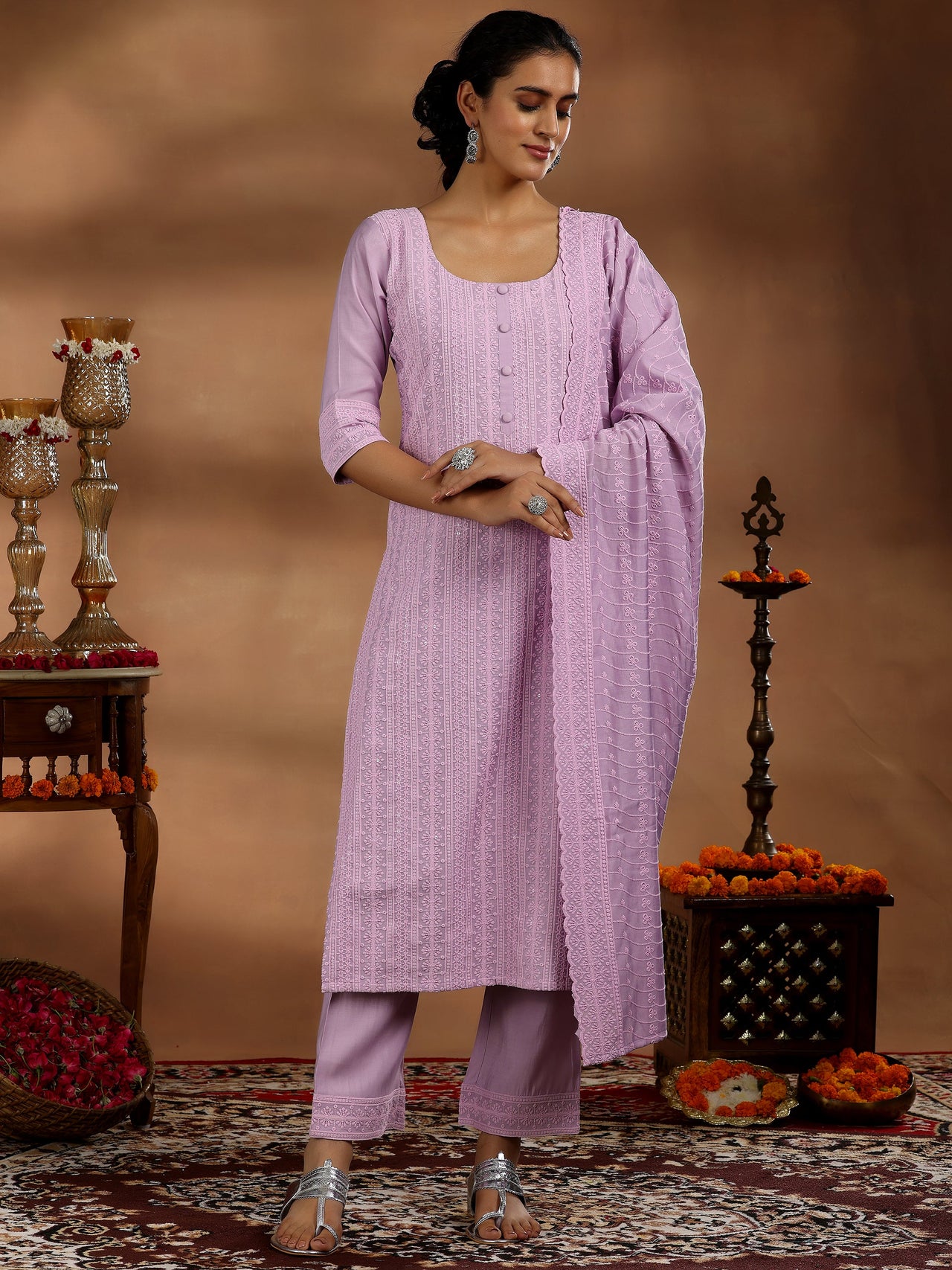 Mauve Embroidered Silk Blend Straight Suit with Dupatta