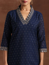 Blue Self Design Silk Blend Straight Suit with Dupatta