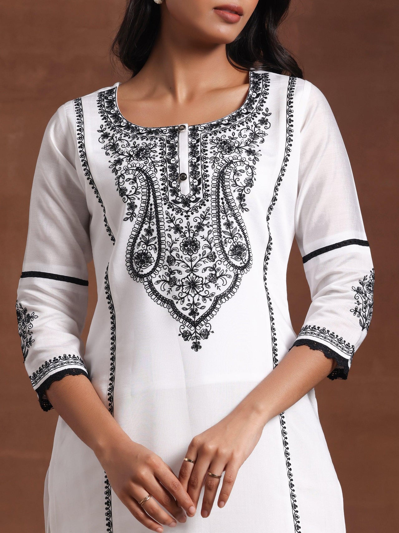 White Embroidered Silk Blend Straight Suit with Dupatta