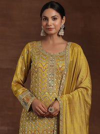Adaa Mustard Embroidered Silk Blend Straight Kurta with Palazzos & Dupatta