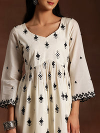 Off White Embroidered Cotton Anarkali Suit with Dupatta