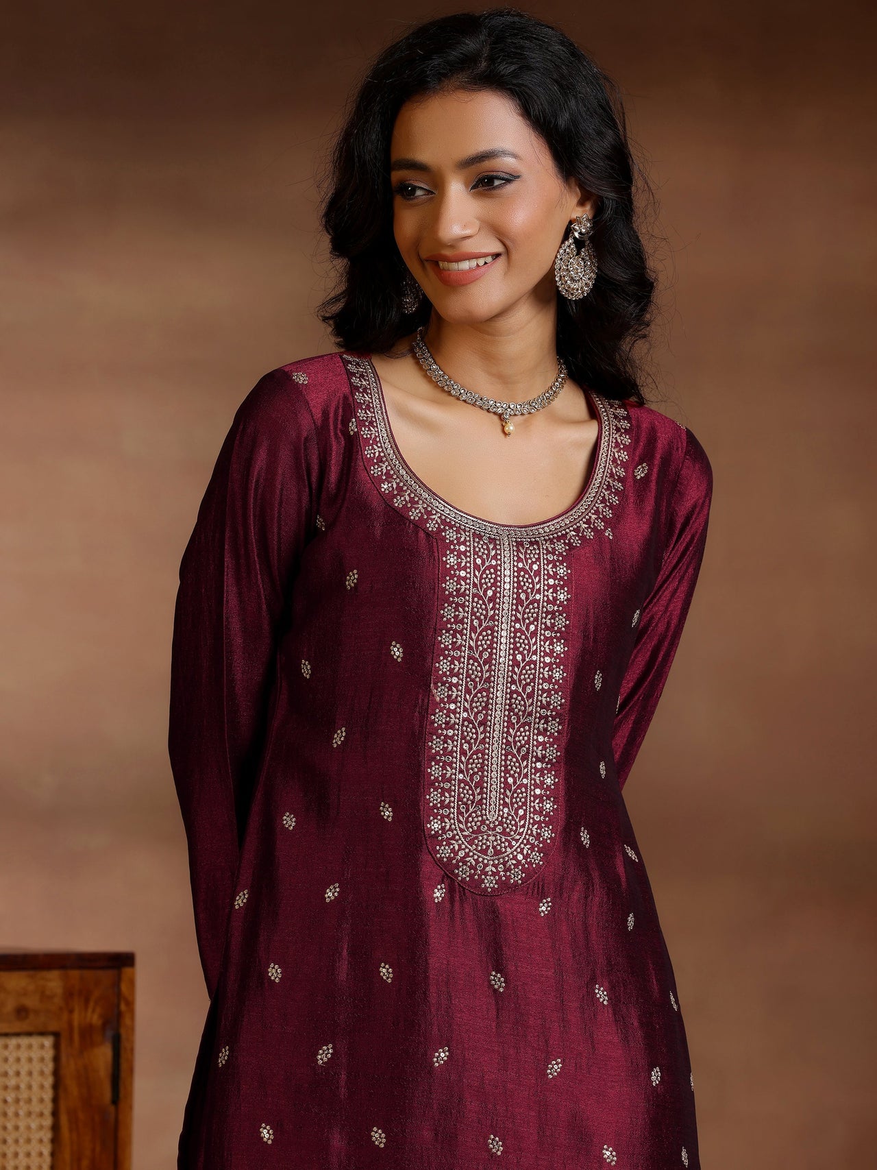 Maroon Embroidered Silk Blend Straight Suits with Dupatta