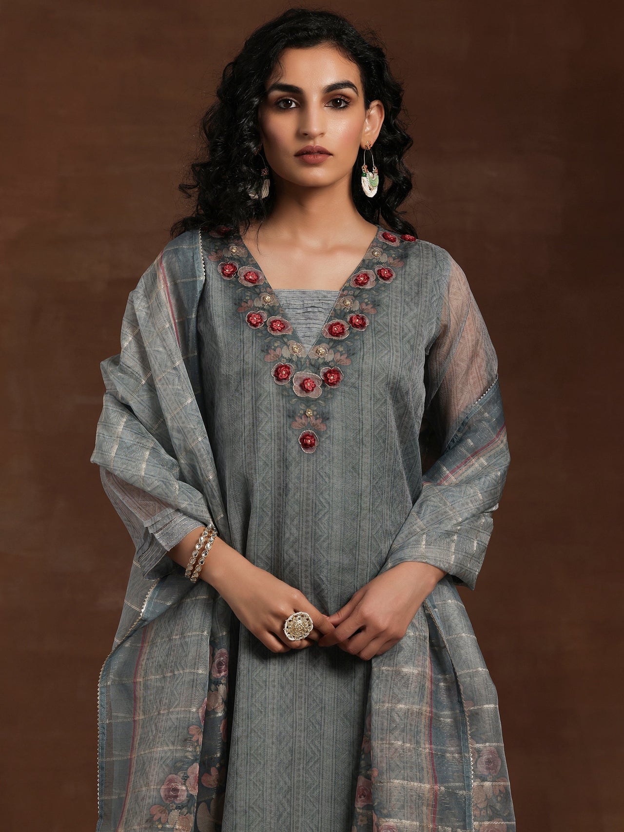 Green Printed Organza Straight Suit with Dupatta