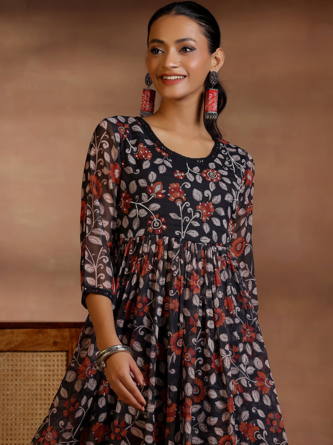 Black Printed Poly Chiffon A-Line Kurta with Palazzos & Dupatta