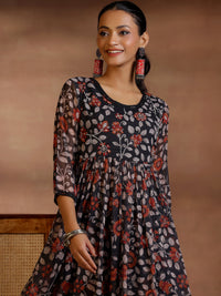 Black Printed Poly Chiffon A-Line Kurta with Palazzos & Dupatta