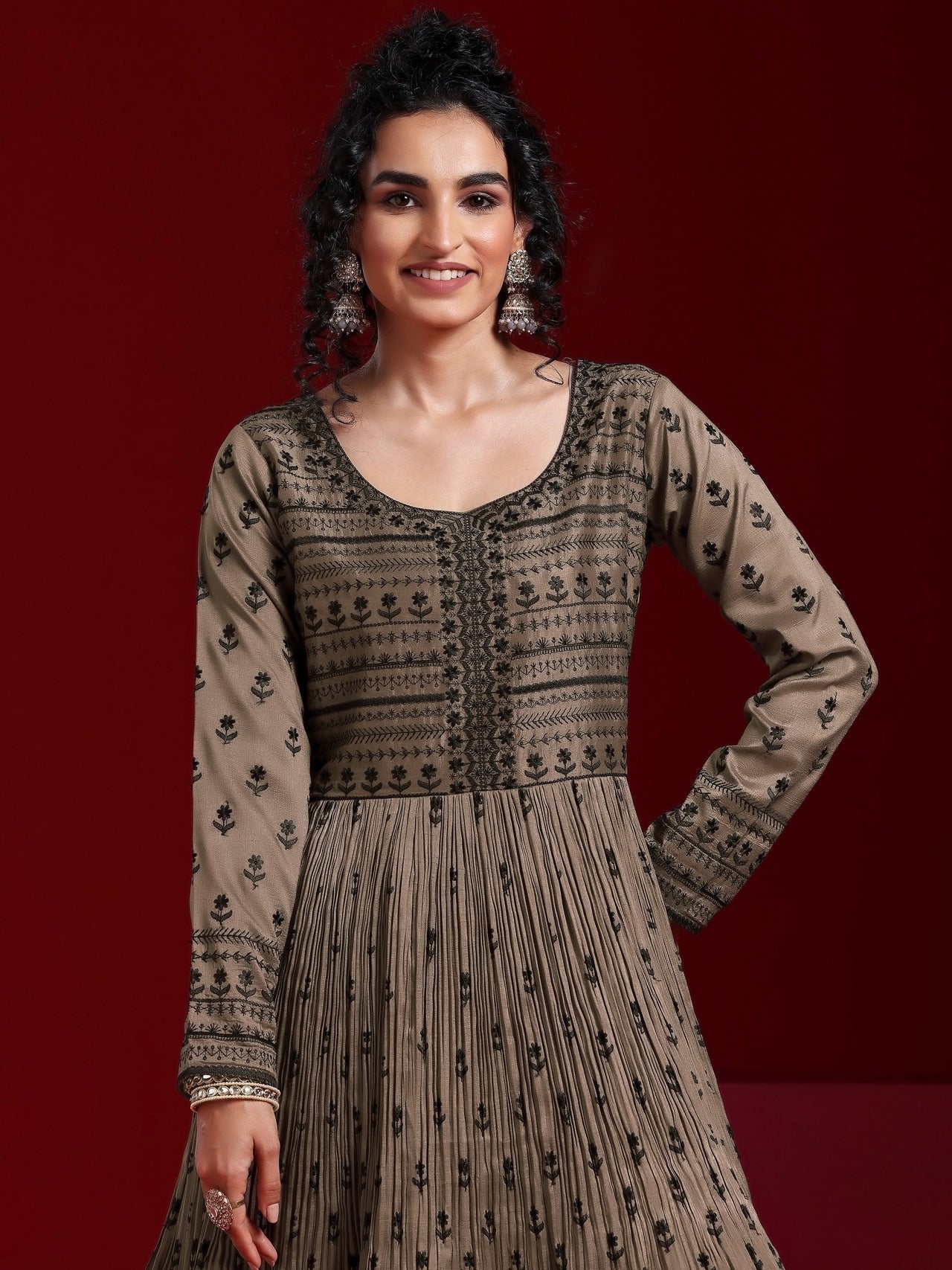 Libas Art Brown Embroidered Silk Blend A-Line Kurta with Sharara & Dupatta
