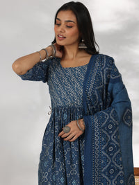 Blue Printed Silk Blend A-Line Kurta with Trousers & Dupatta