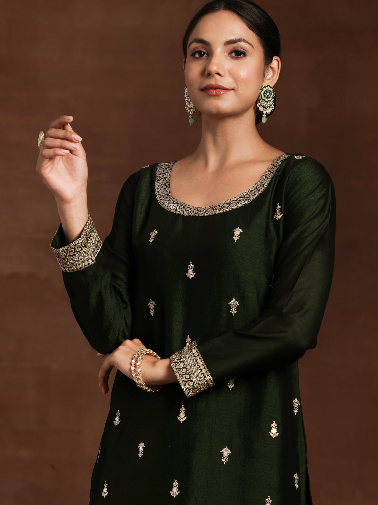 Green Embroidered Silk Blend Straight Suit with Dupatta