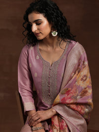 Mauve Woven Design Silk Blend Straight Kurta with Palazzos & Dupatta