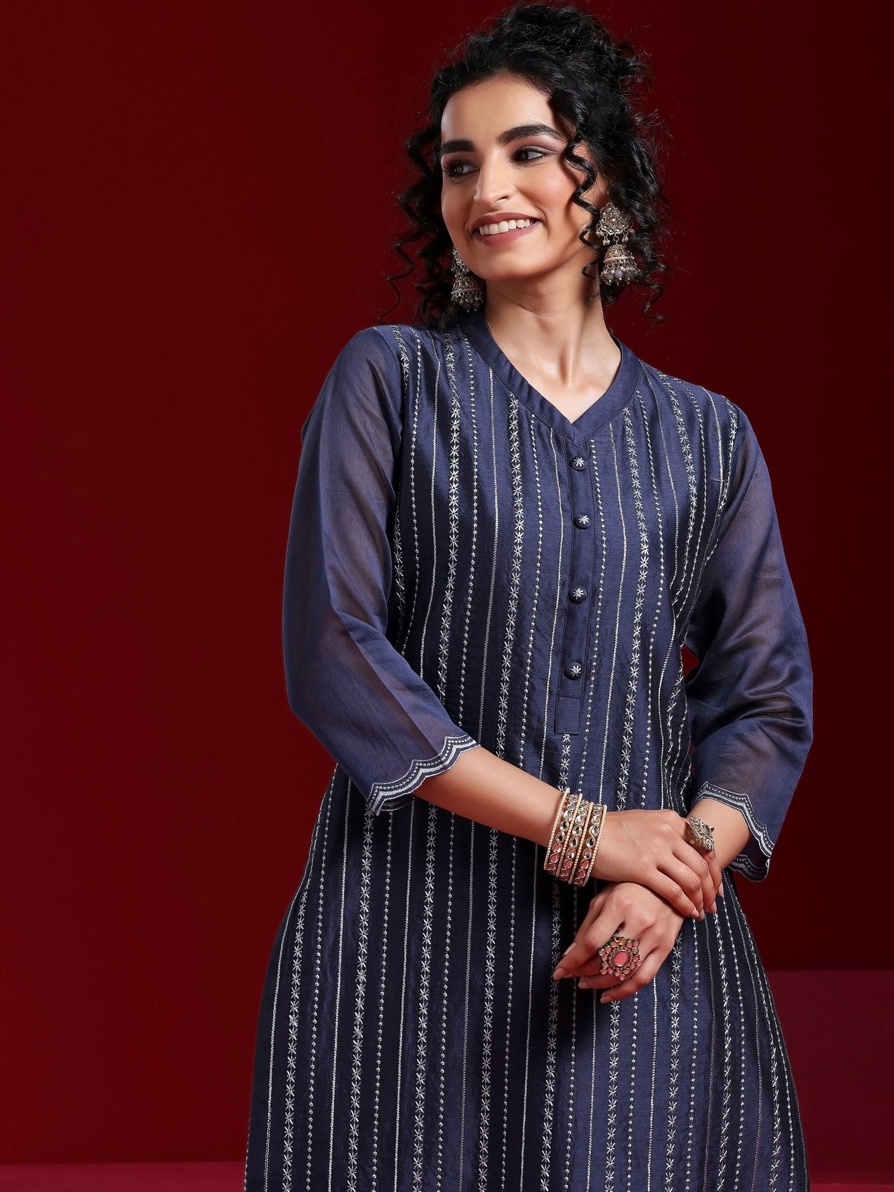 Libas Art Blue Embroidered Chanderi Silk Straight Suit with Dupatta