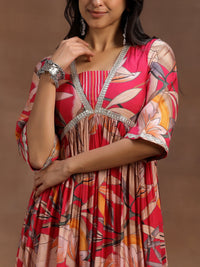 Pink Printed Silk Blend A-Line Kurta with Salwar & Dupatta