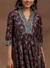 Burgundy Printed Silk Blend A-Line Kurta with Palazzos & Dupatta