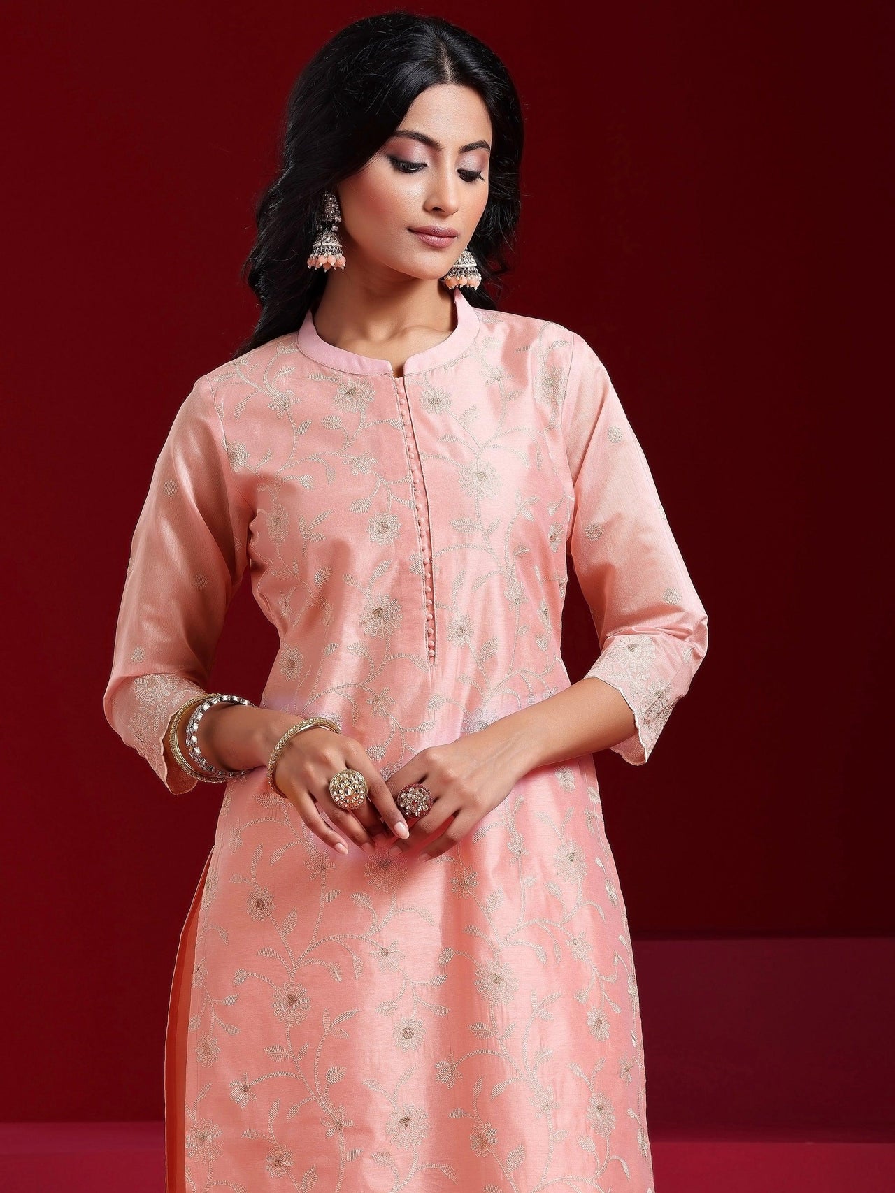 Libas Art Pink Embroidered Chanderi Silk Straight Suit with Dupatta