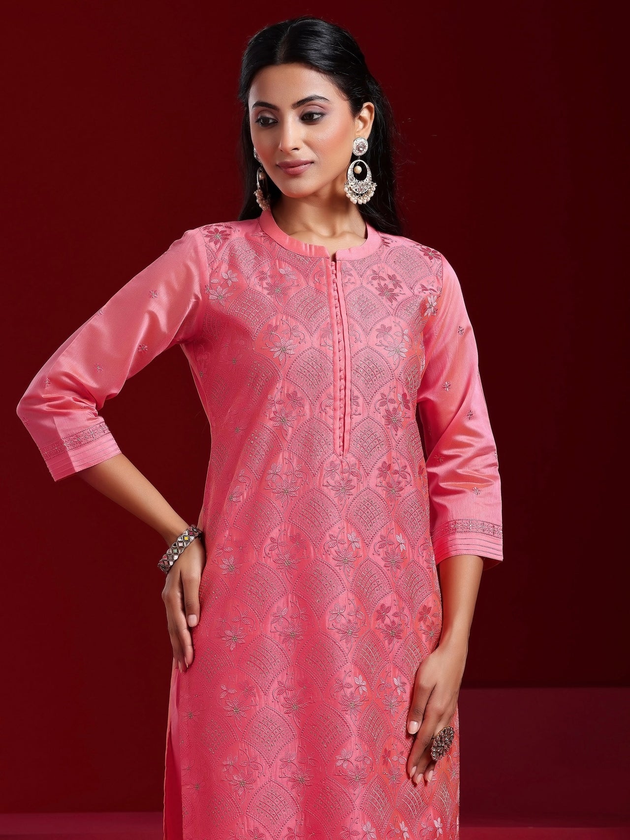Libas Art Coral Embroidered Chanderi Silk Straight Suit with Dupatta
