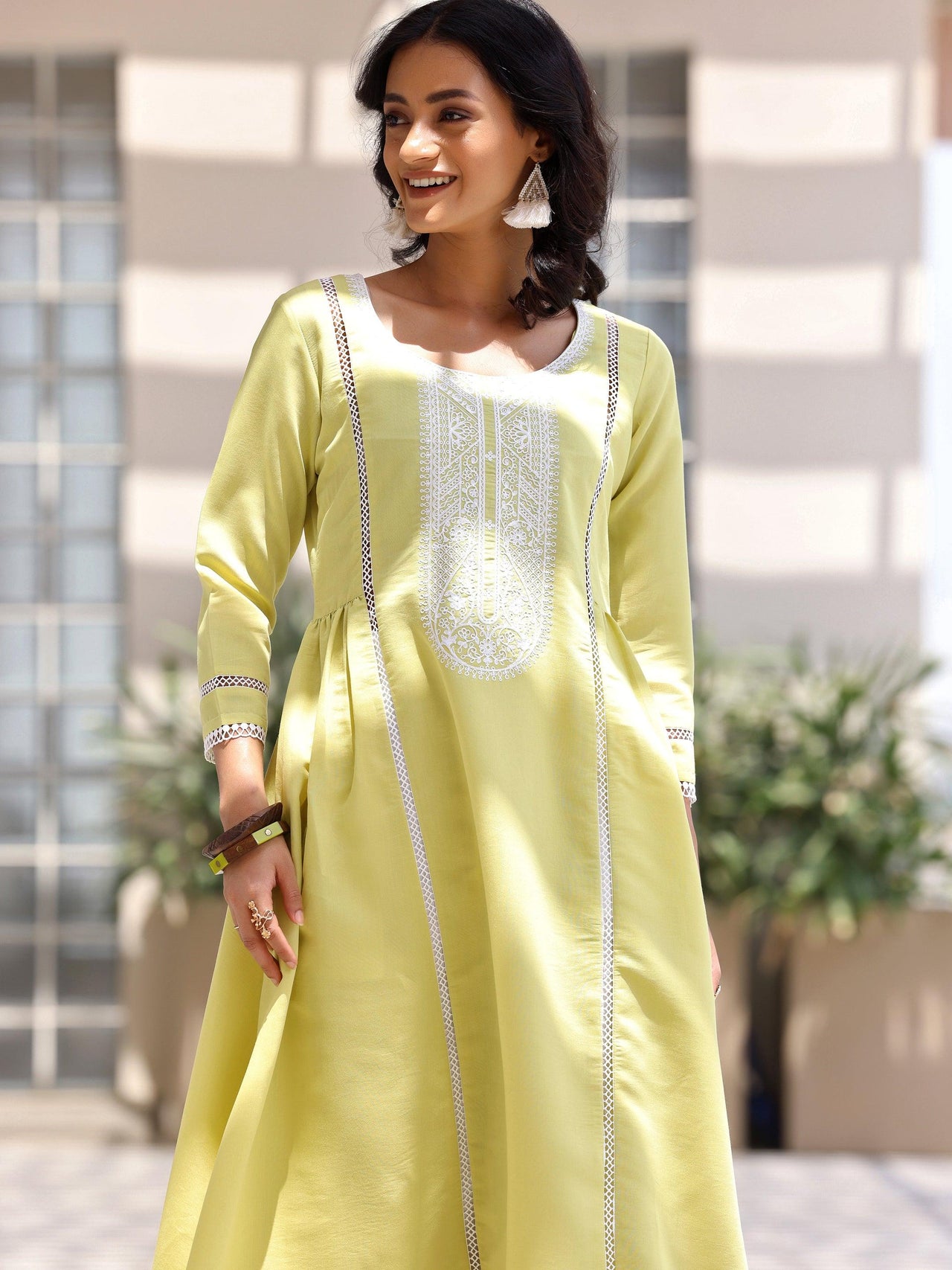 Green Embroidered Silk Blend A-Line Kurta with Trousers & Dupatta