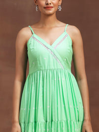 The Kiara Cut Green Self Design Cotton Anarkali Kurta with Trousers