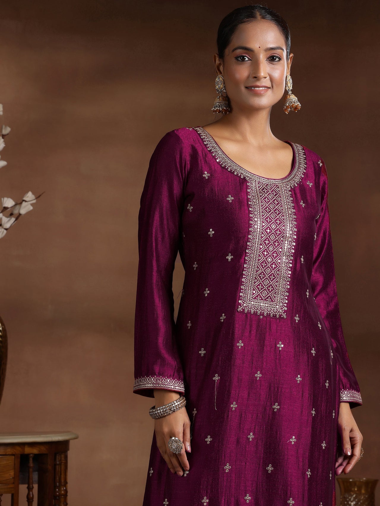 Wine Embroidered Silk Blend Straight Suit with Dupatta