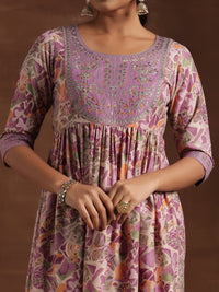 Purple Printed Silk Blend A-Line Kurta with Trousers & Dupatta