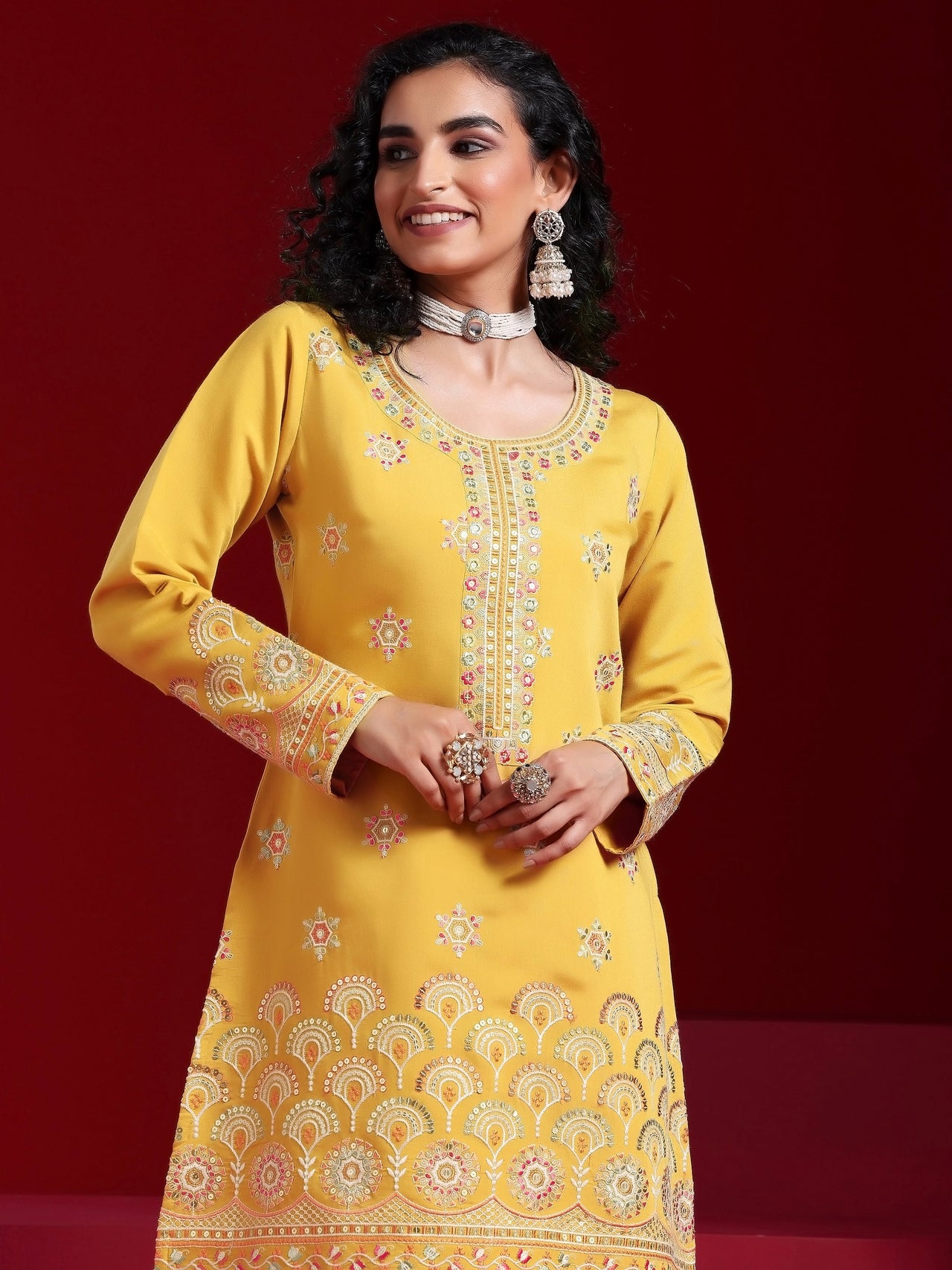 Libas Art Yellow Embroidered Silk Blend Straight Suit with Dupatta