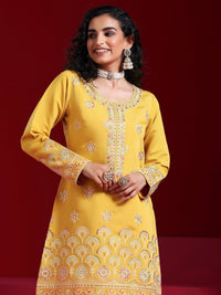 Libas Art Yellow Embroidered Silk Blend Straight Suit with Dupatta
