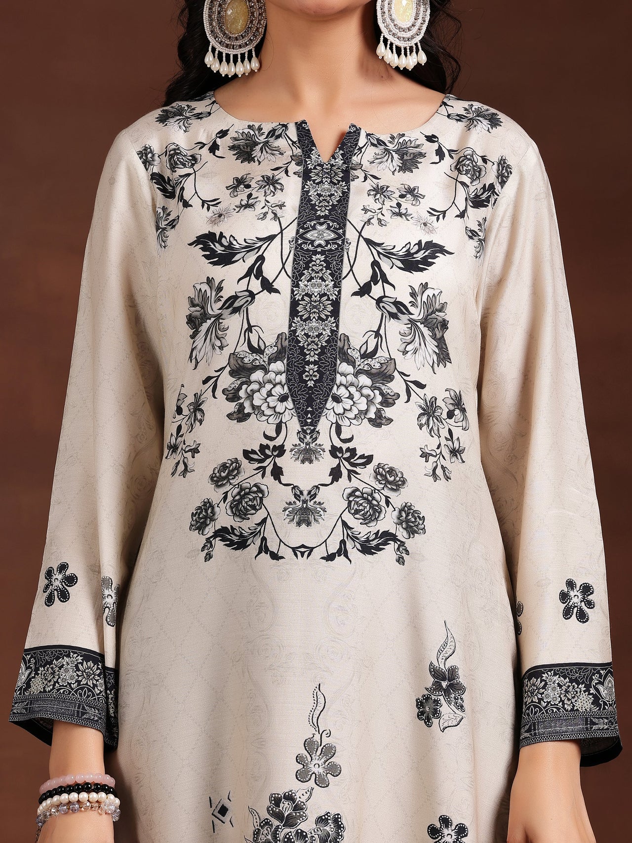 Monochrome Printed Silk Blend Straight Suit with Dupatta