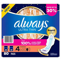 Always Ultra Thin Overnight Pads with Wings, Size 4, 80 Ct.