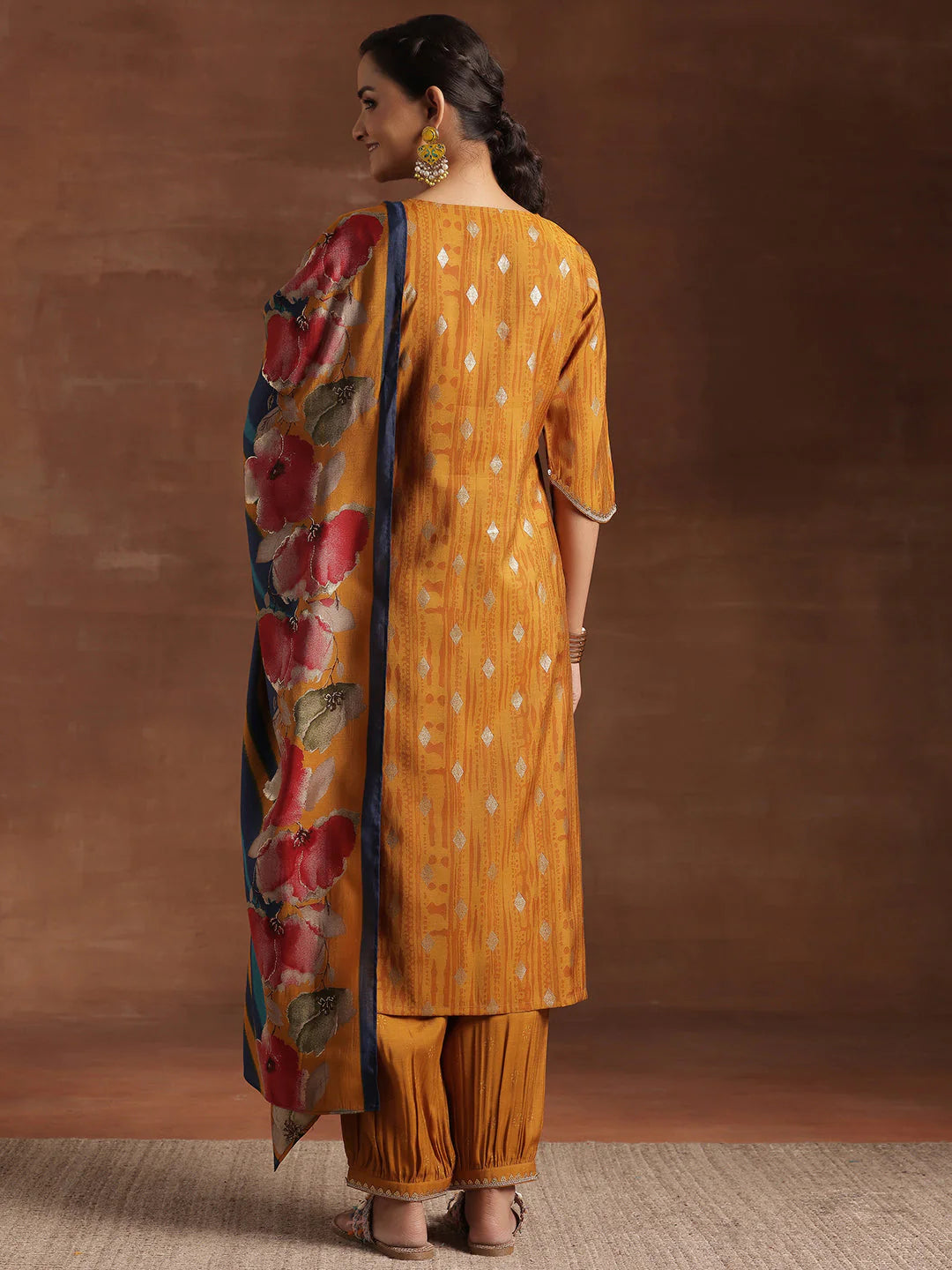 Mustard Woven Design Silk Blend Straight Suit with Dupatta