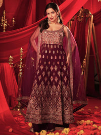 Surkh Libas Art Wine Embroidered Georgette A-Line Kurta with Palazzos & Dupatta