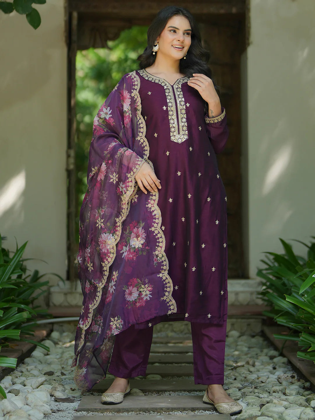 Wine Embroidered Silk Blend Straight Suit with Dupatta
