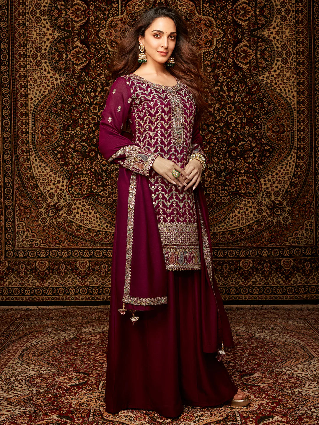 Adaa Wine Embroidered Silk Blend Straight Kurta with Palazzos & Dupatta