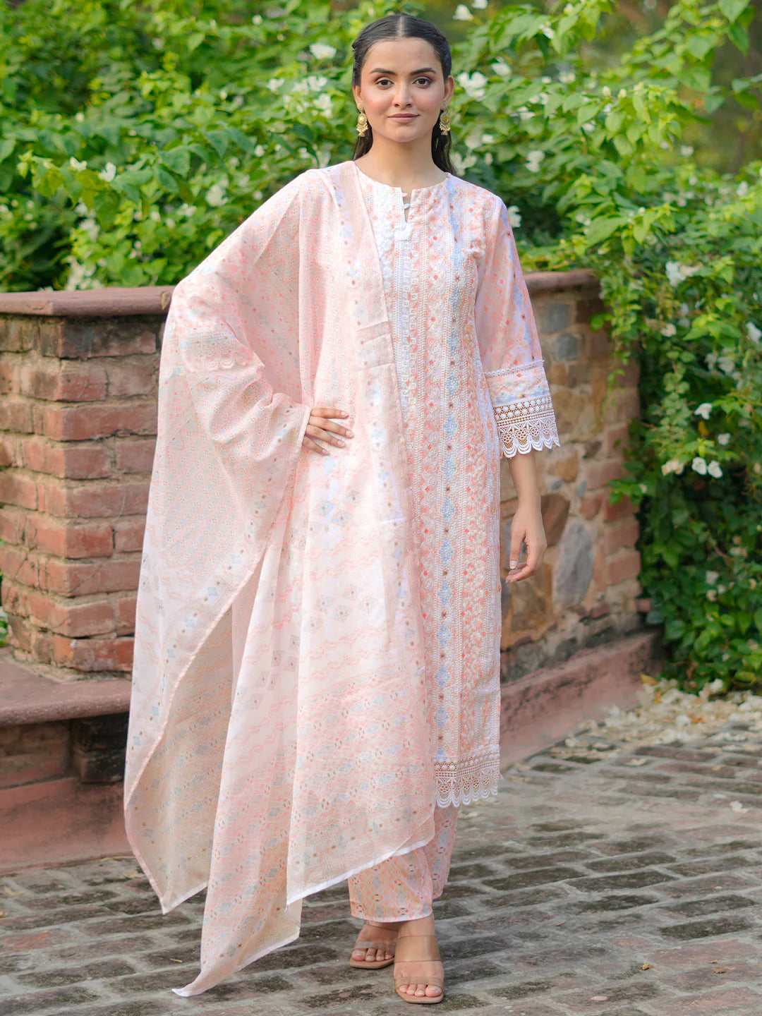 Peach Embroidered Cotton Blend Straight Suit with Dupatta